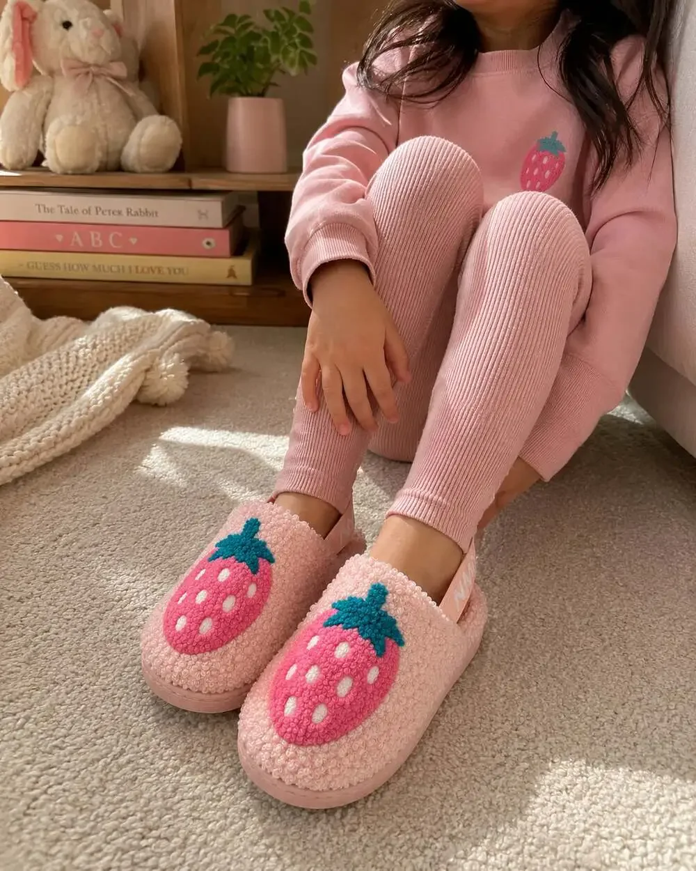 Kids Strawberry Teddy Fleece Slippers Pink Cozy House Shoes Size 5-6